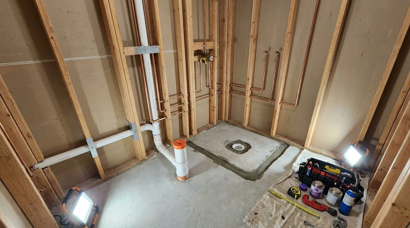 Bathroom rough-in plumbing during remodel by Johns Plumbing LLC in Ashdown
