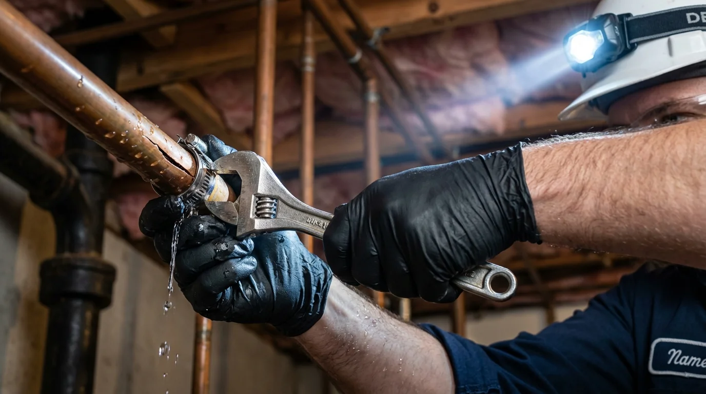 Emergency pipe clamp repair being performed by a Johns Plumbing LLC plumber in Ashdown