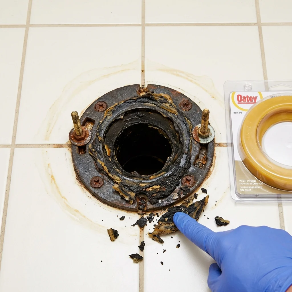 Failed wax ring showing water seepage at the base of a toilet in a Ashdown, AR home