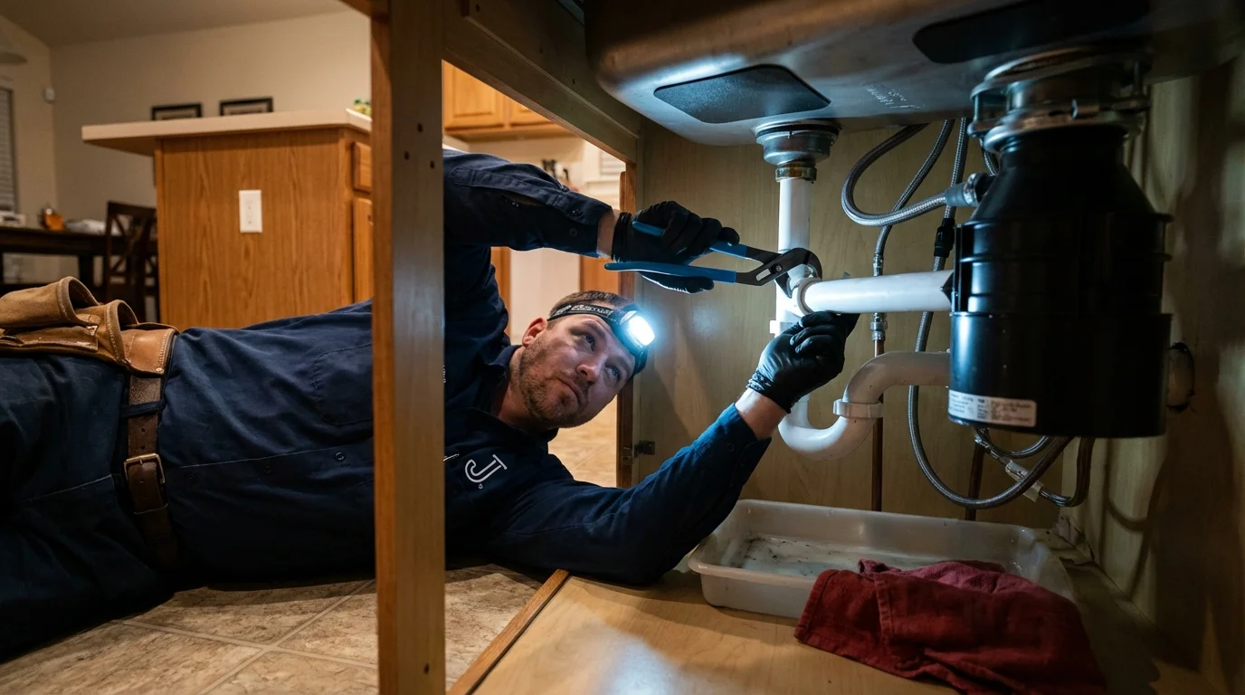 P-trap and supply line connections under a kitchen sink showing a common leak point in Ashdown, AR
